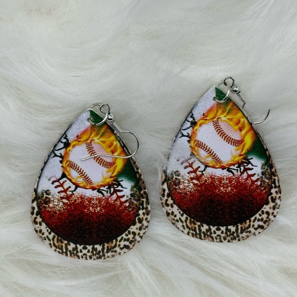 Baseball Print Teardrop Earrings - Picture 2 of 3